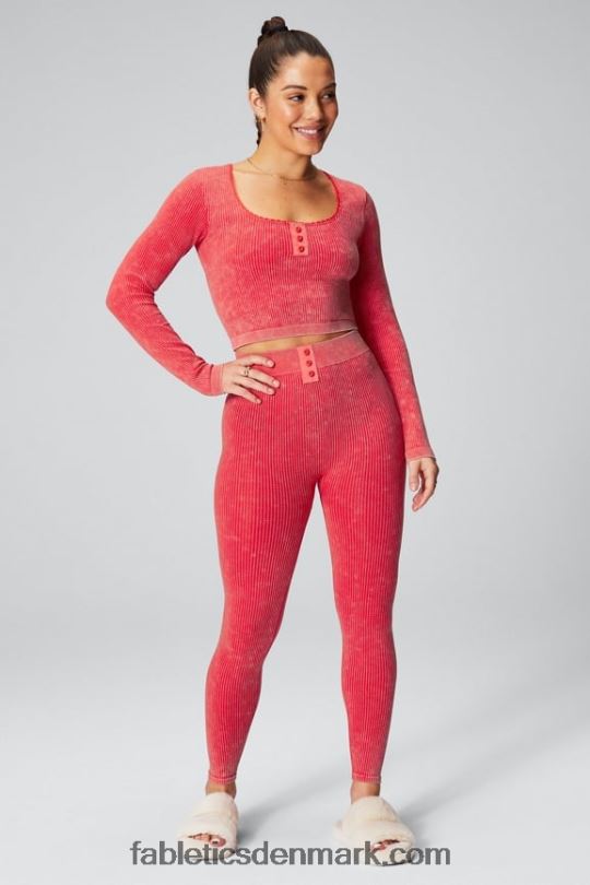 Fabletics Kvinder kabelstrikket langærmet top PNX2T2608 vasket jordbærrød